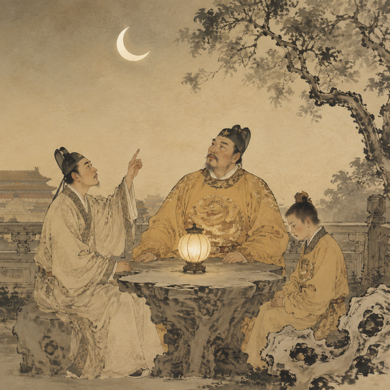 祖孙三人的月下赋诗场景