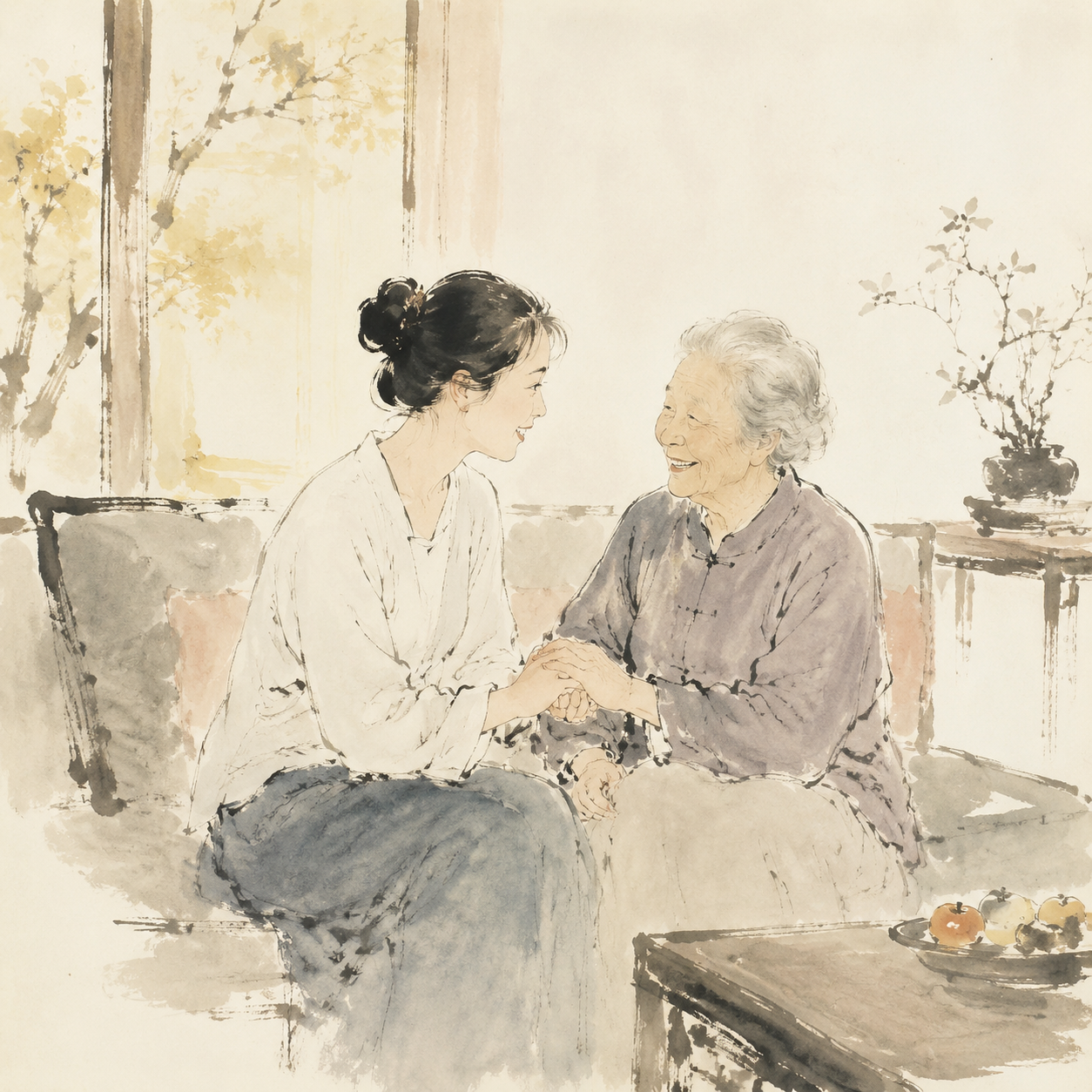 阳光下的亲子相依