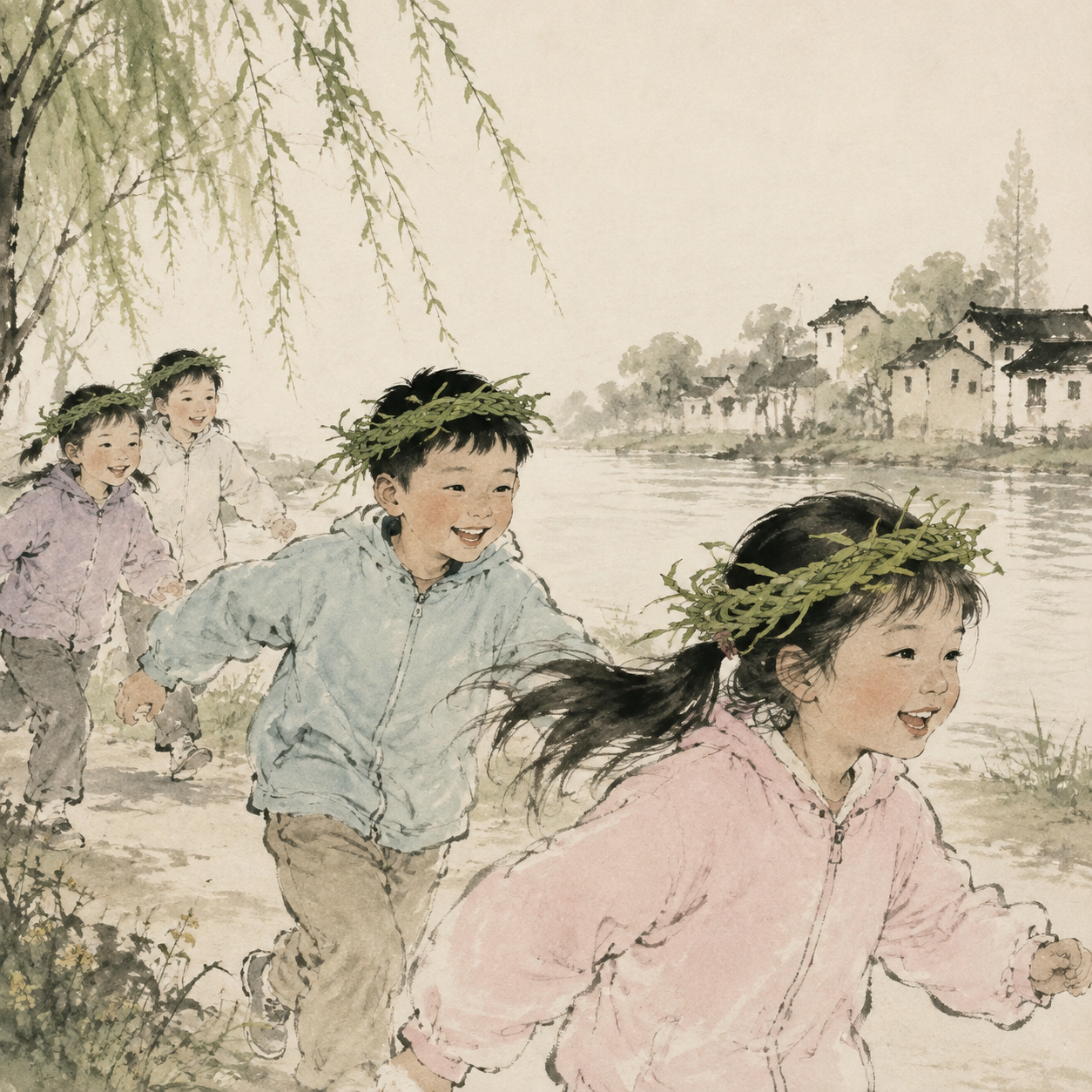 清明儿童戴柳圈