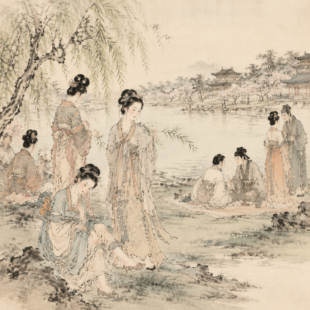 曲江池畔踏青图
