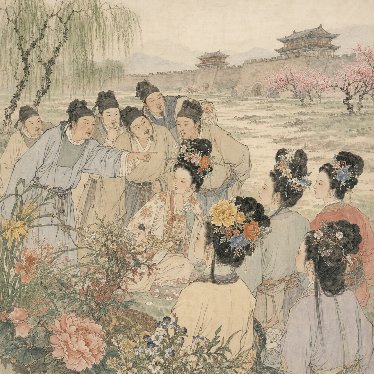 长安春日斗花图