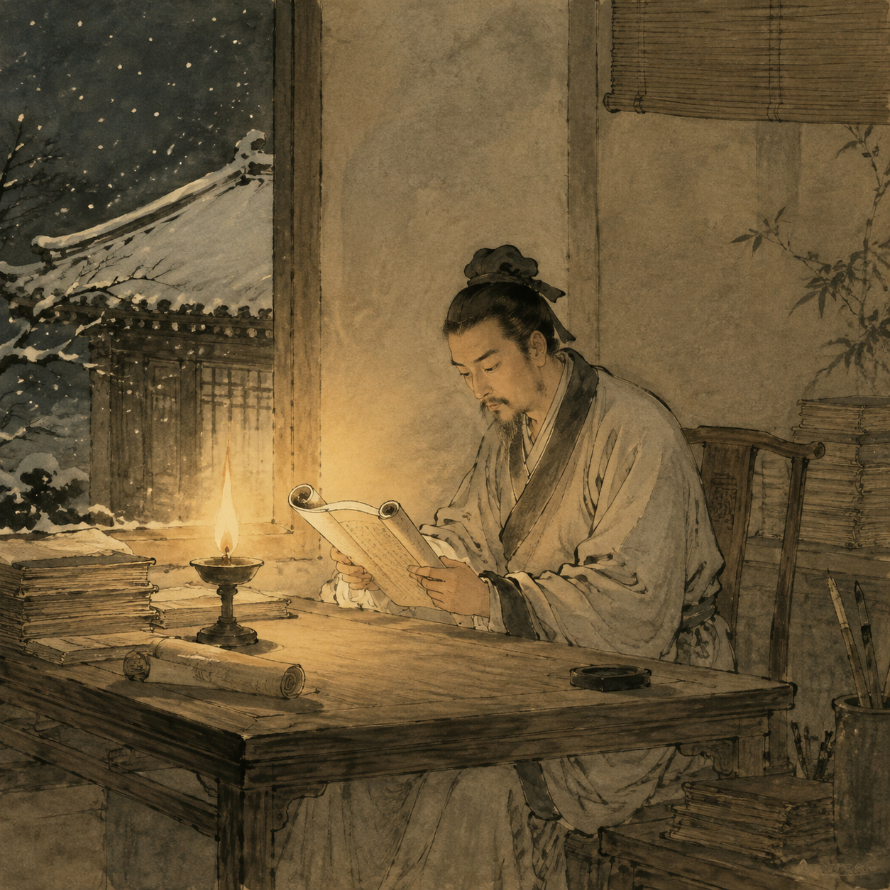雪夜读书图