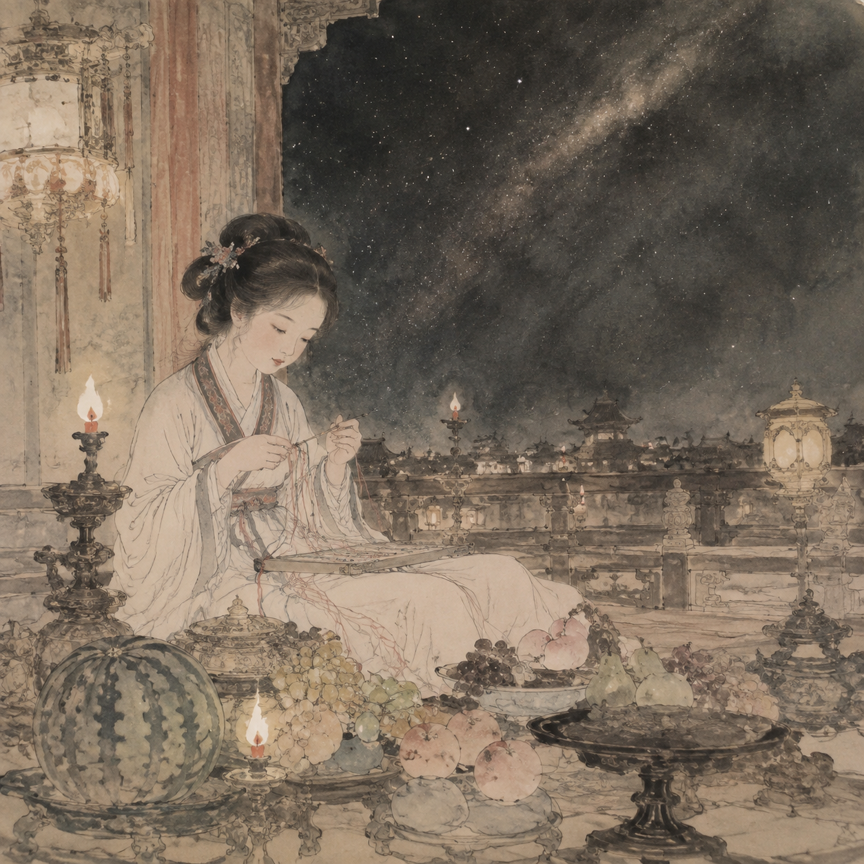 宫女穿针乞巧