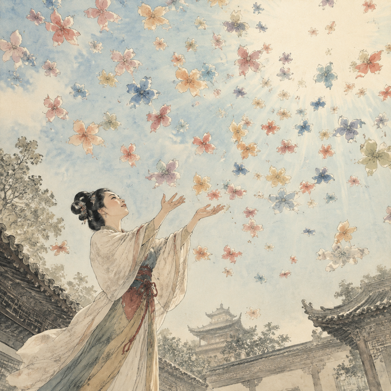 庭院散花乞巧图