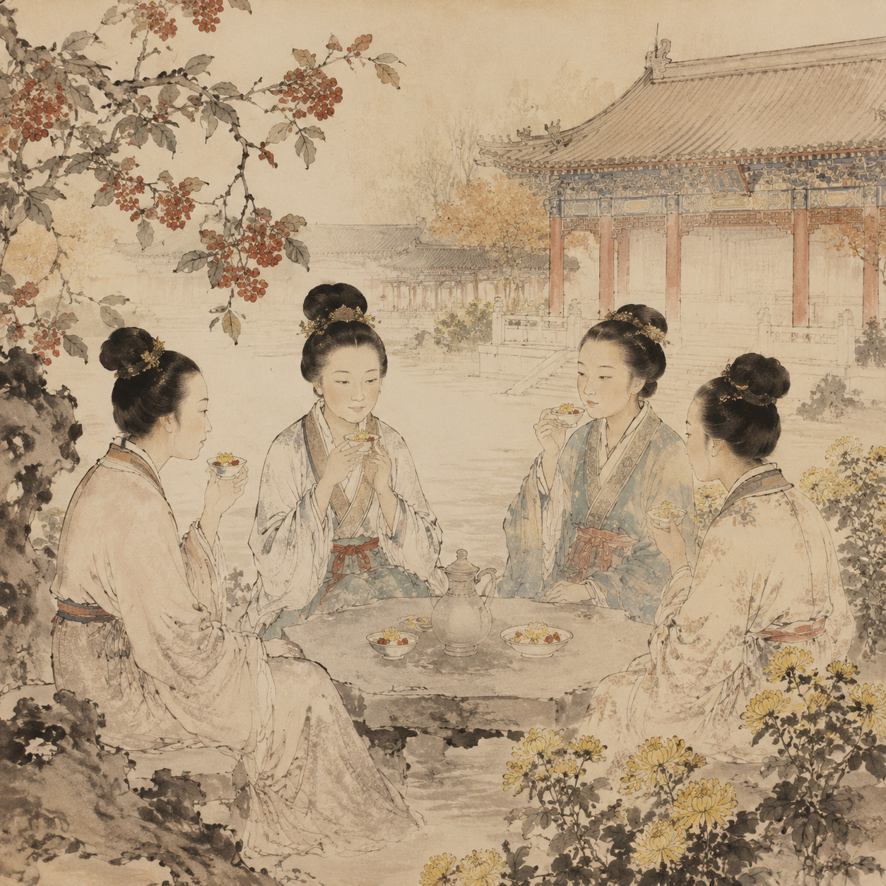 汉代宫女重阳饮茱萸菊花酒