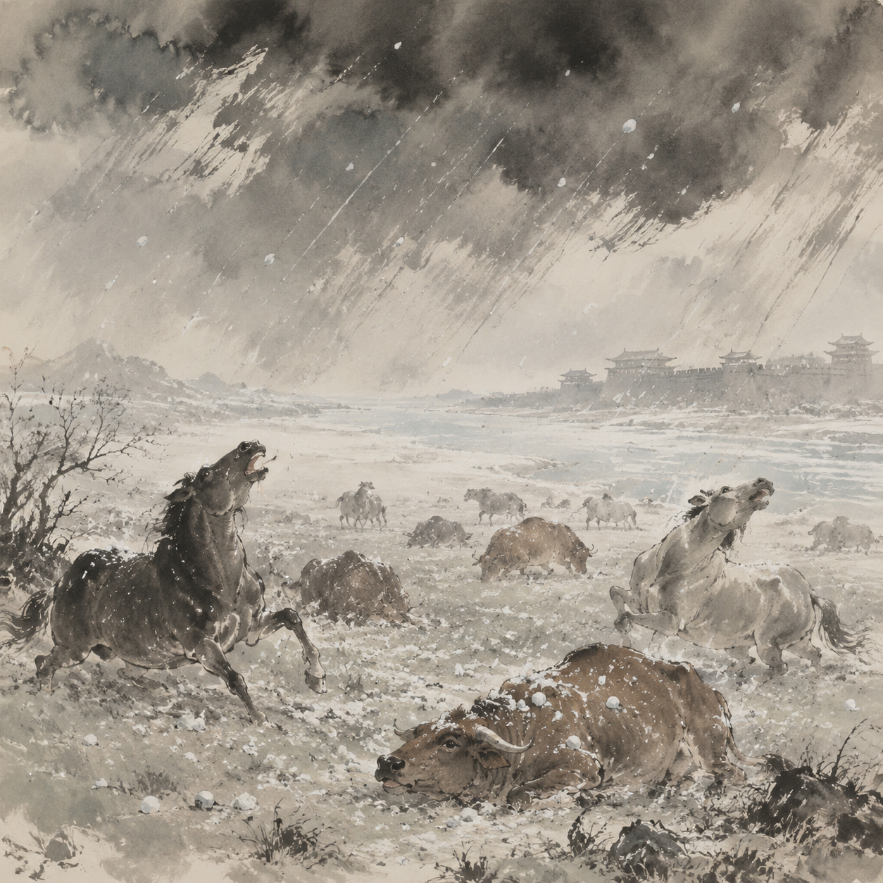 雨中冰雹砸牛马