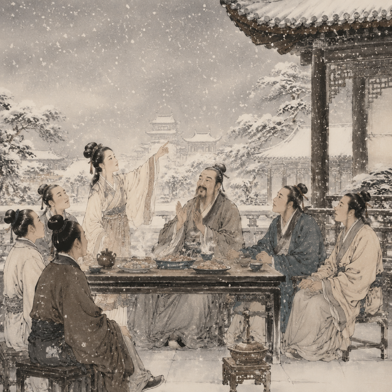 谢安家宴咏雪图