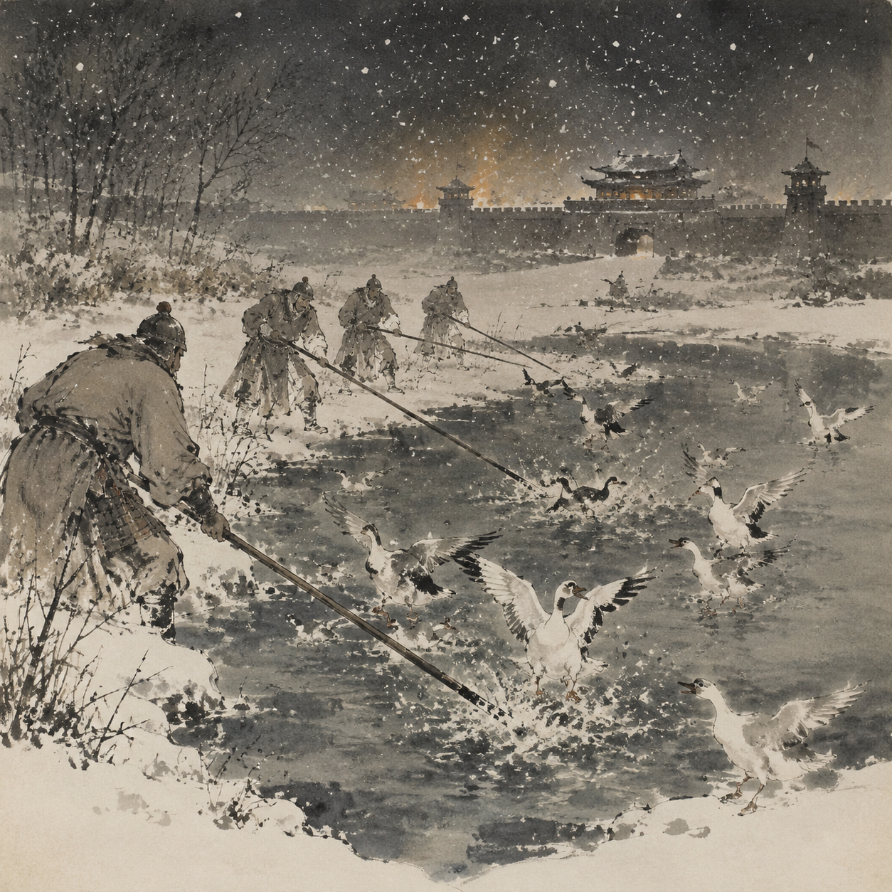雪夜搅动鹅鸭池