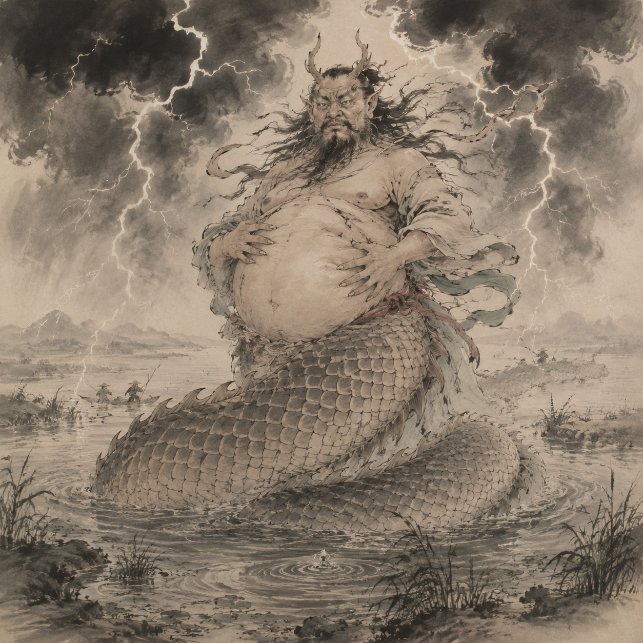 龙身人脸的雷神敲肚打雷