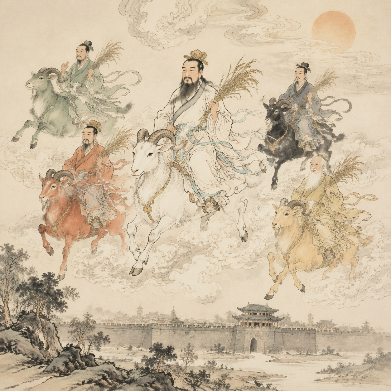 五仙骑羊降临图