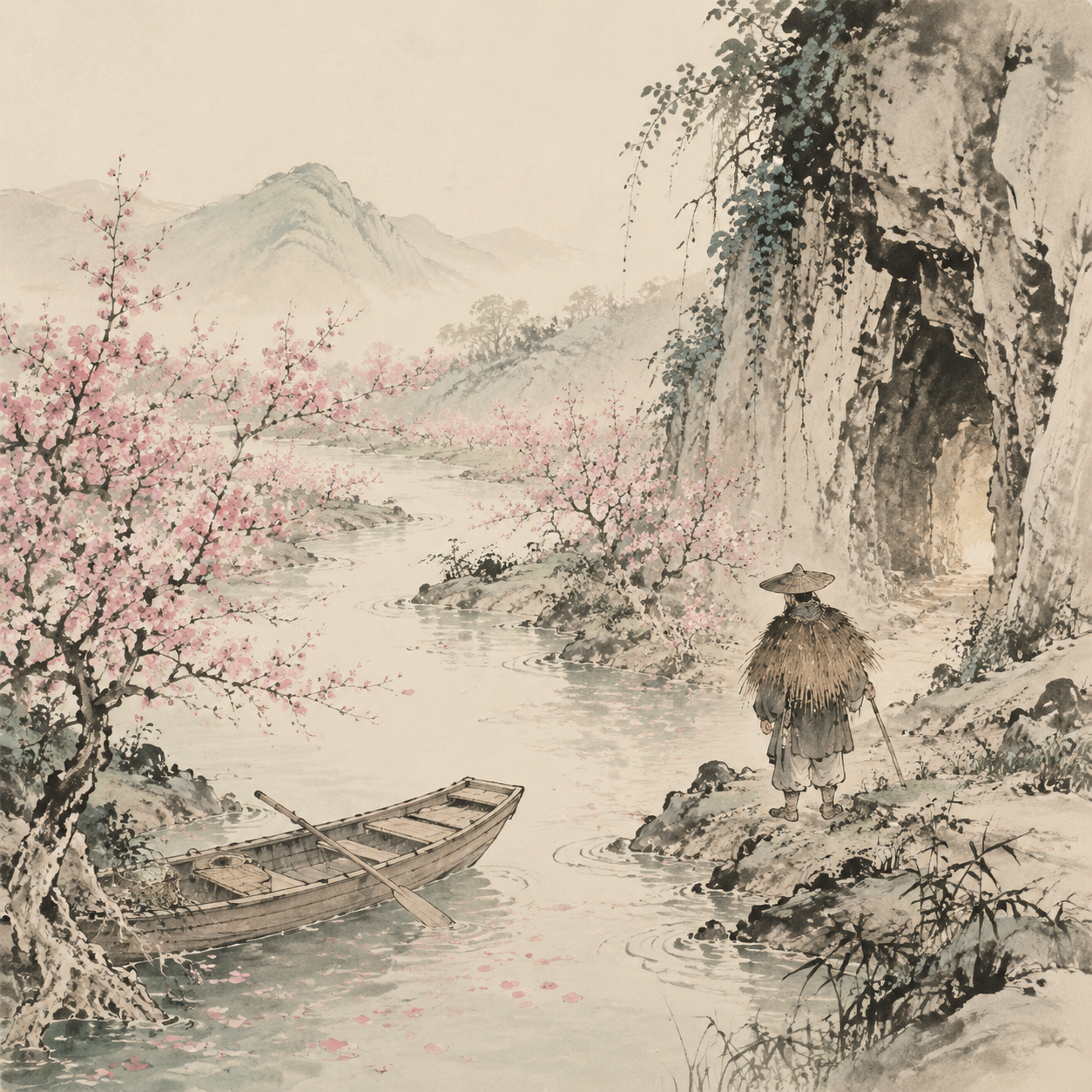 渔夫发现桃花洞口