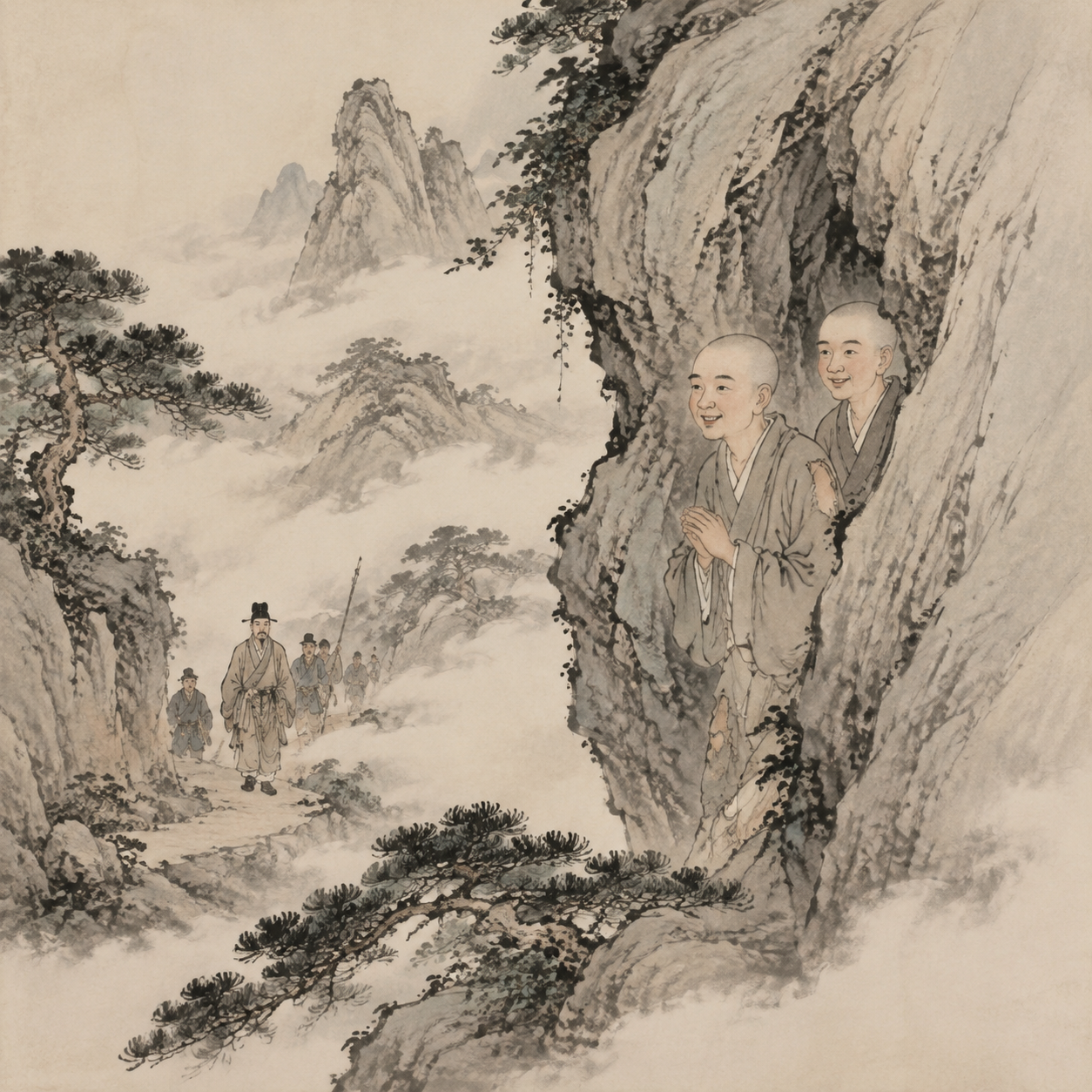 寒山拾得隐入石中