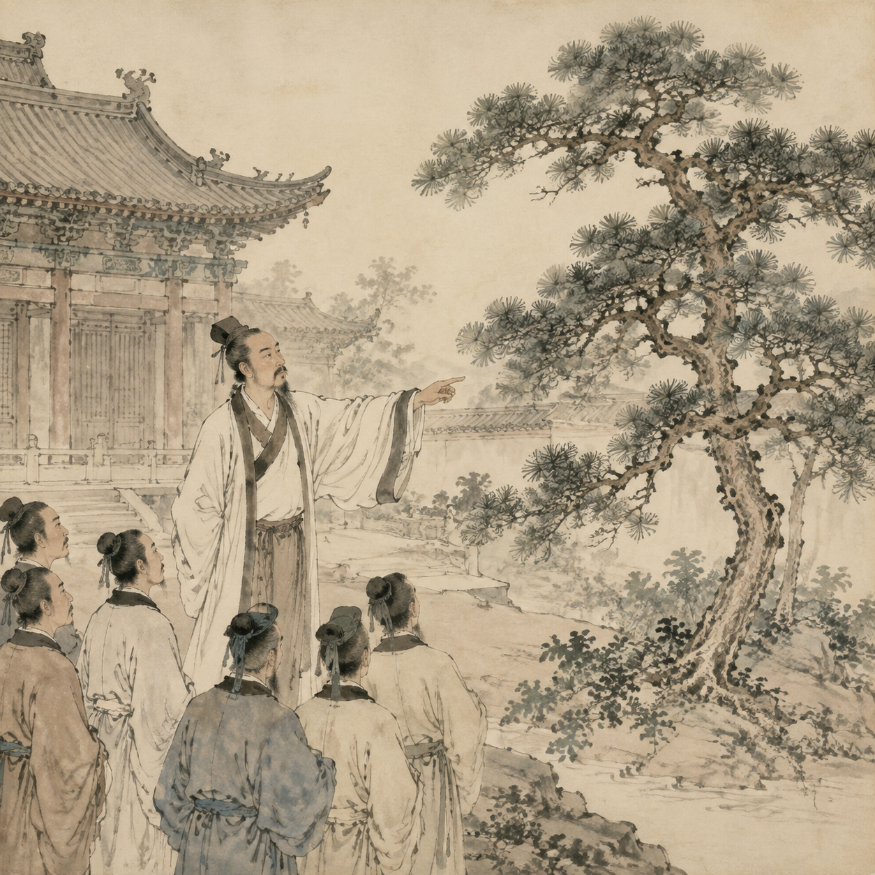 道士指着松树