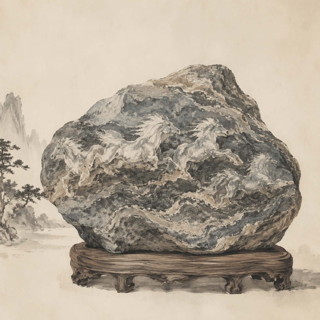 画山石上的战马纹