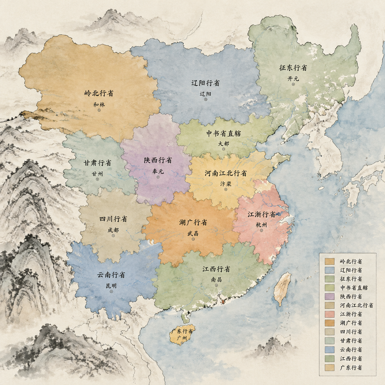 元朝十二省分布示意图
