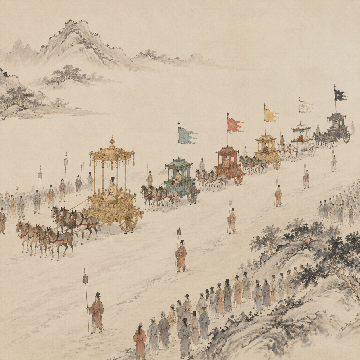 天子金根车与五色副车出行的想象图