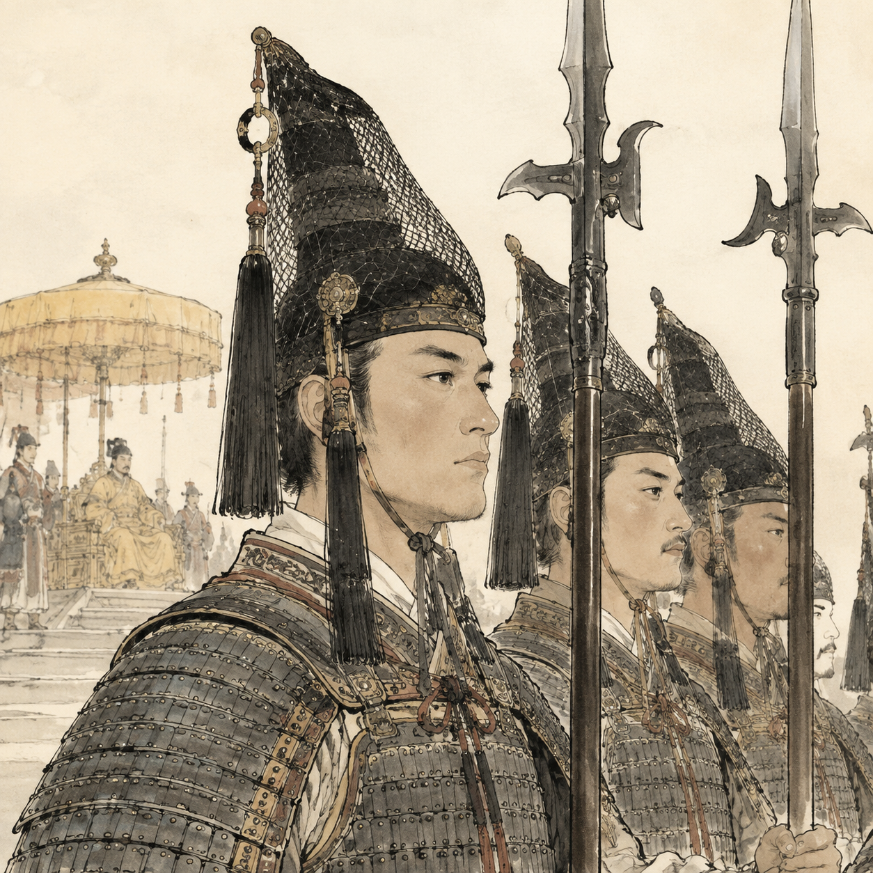 武士戴髦头护卫皇帝