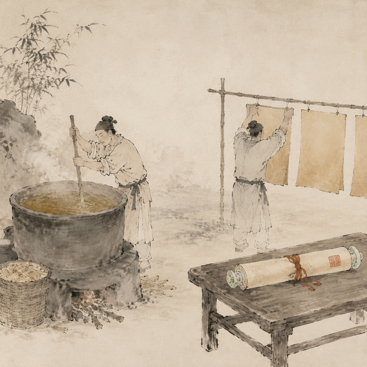 唐代官员制作黄麻纸敕书的场景