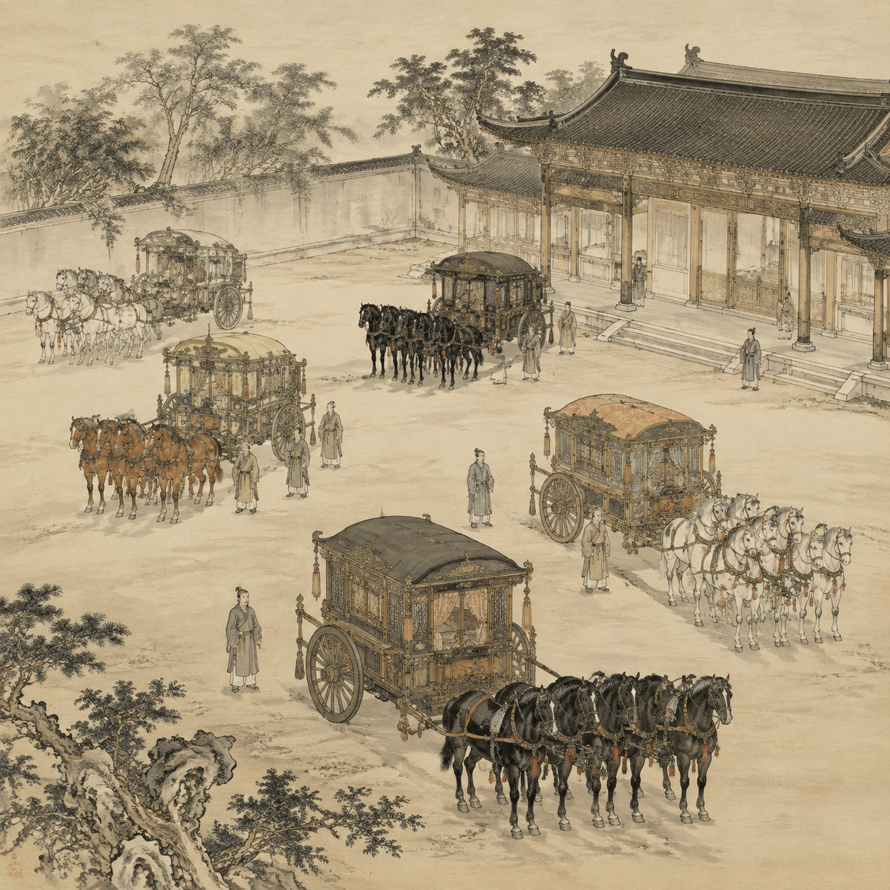 五马参差于庭
