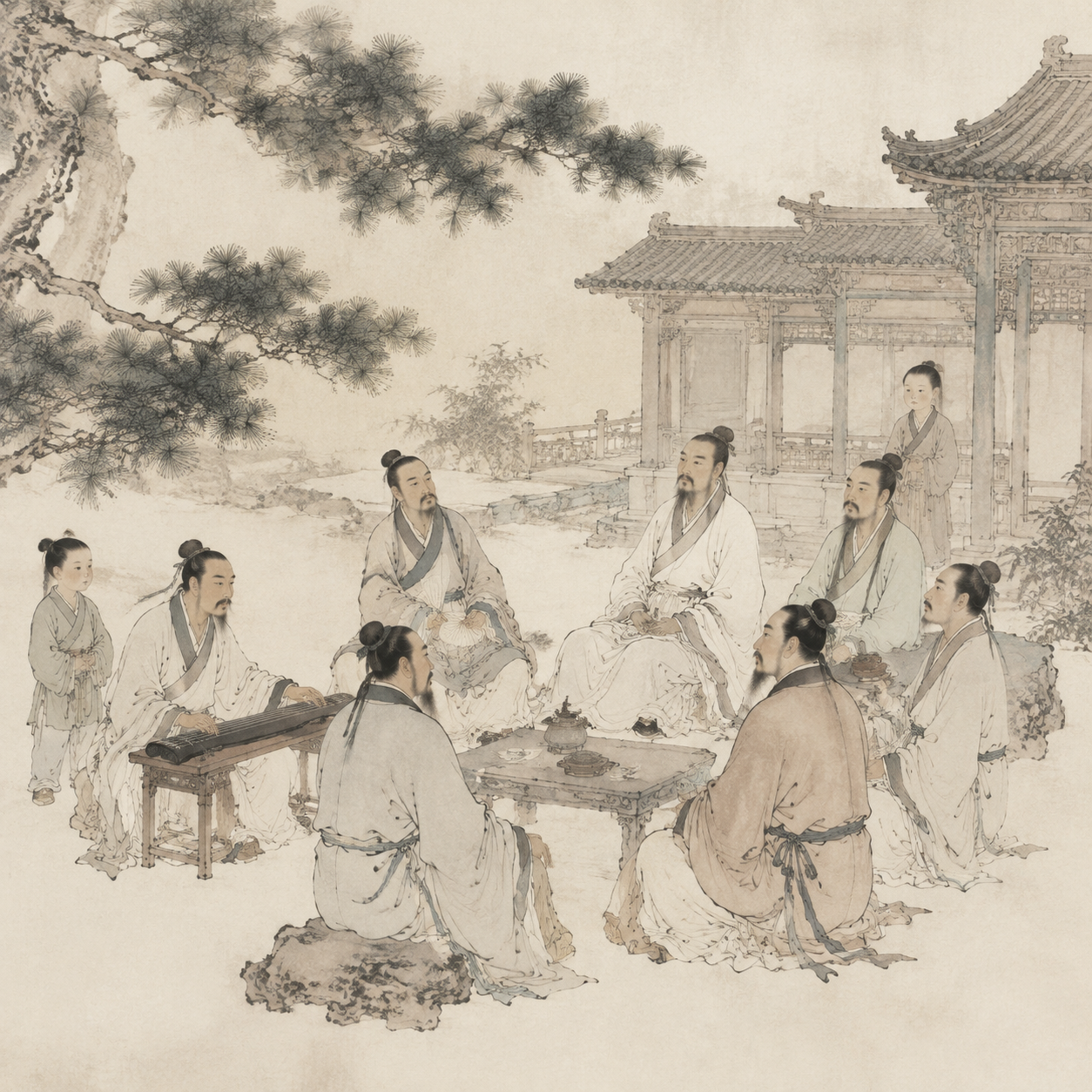 八位名士清谈图