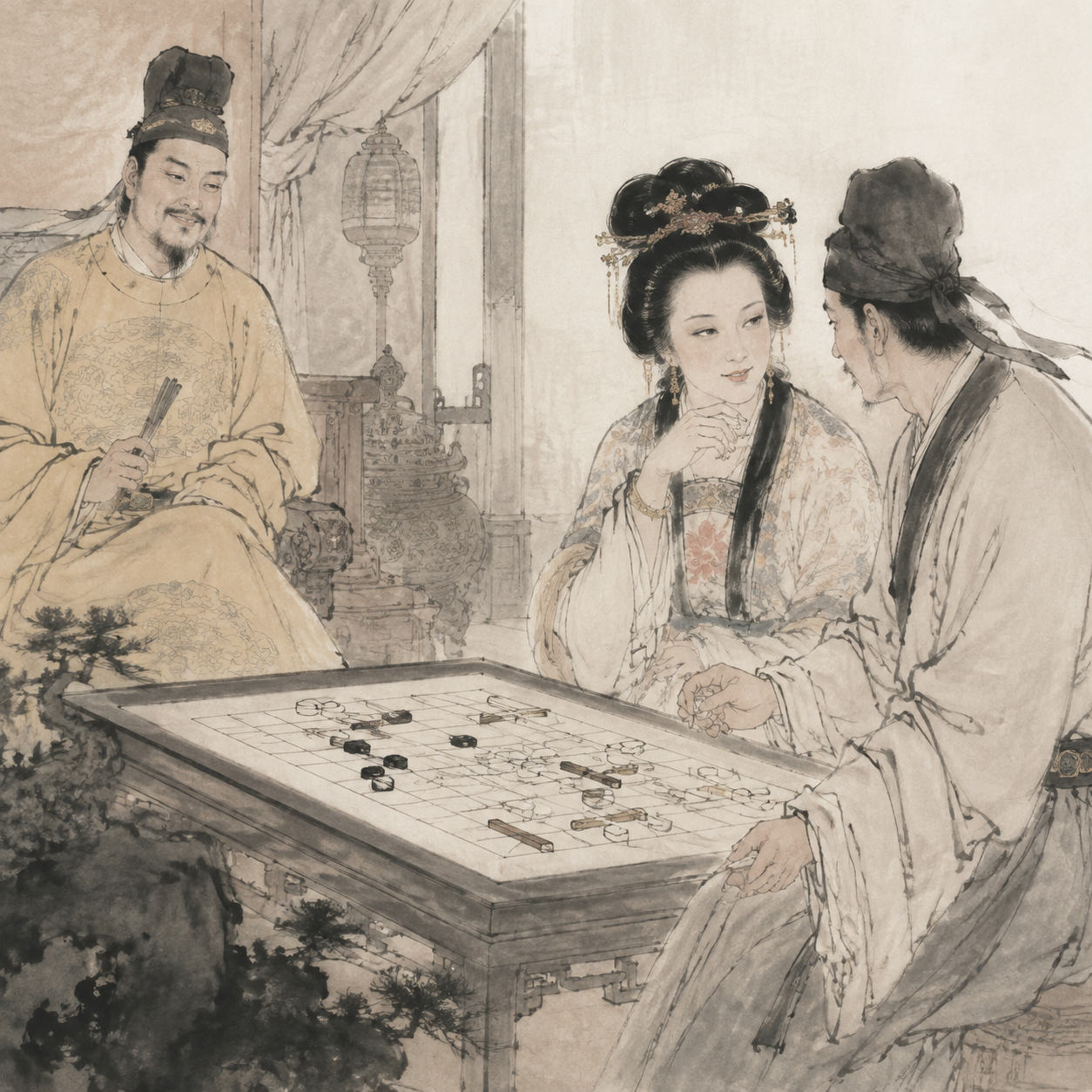 唐中宗旁观韦后与武三思下棋