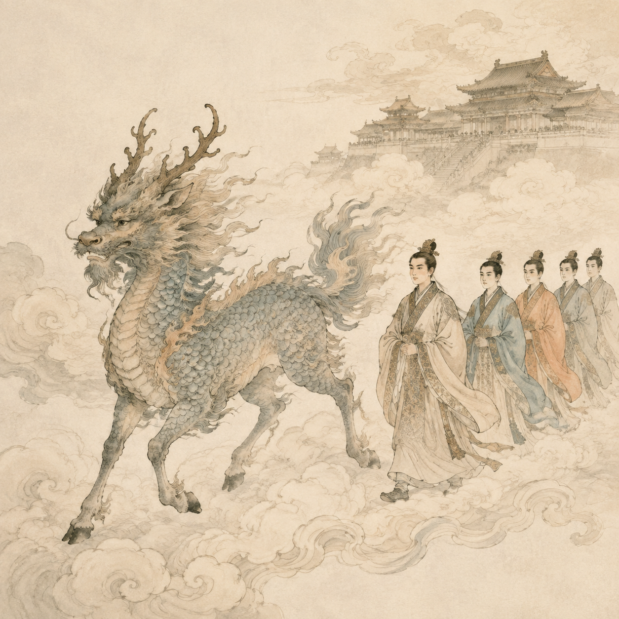 麒麟踏云，众多公子列队而行