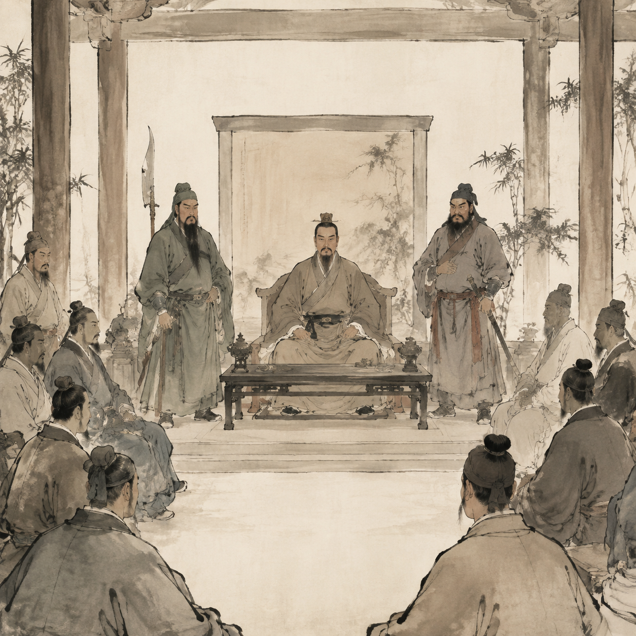 刘备高坐，关、张侍立