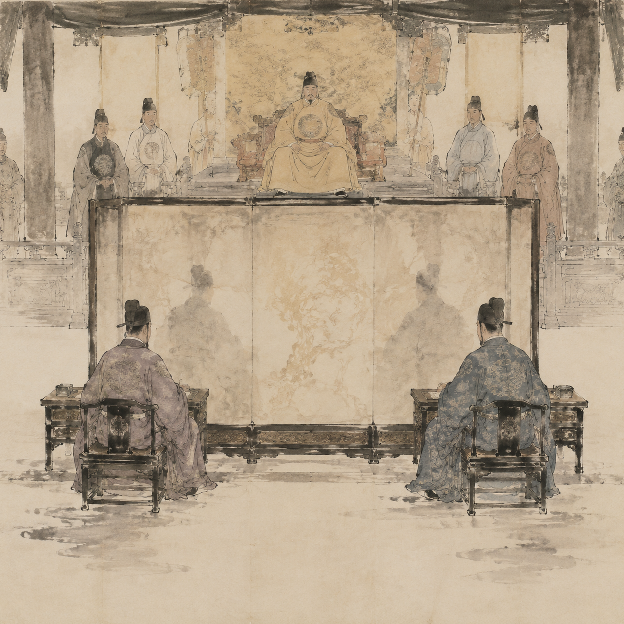 吴国朝会上的父子屏风