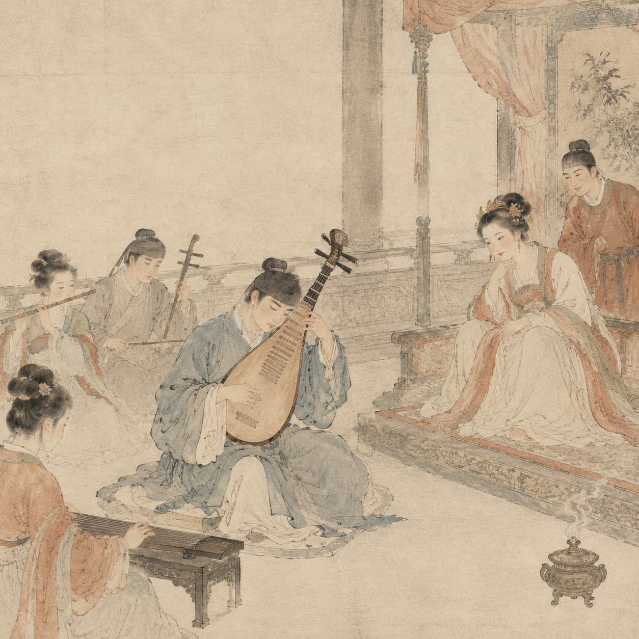 王维扮乐师奏琵琶