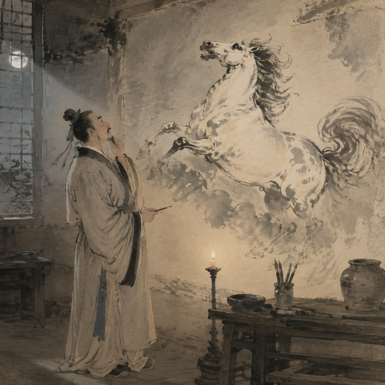 杨子华画马夜鸣图