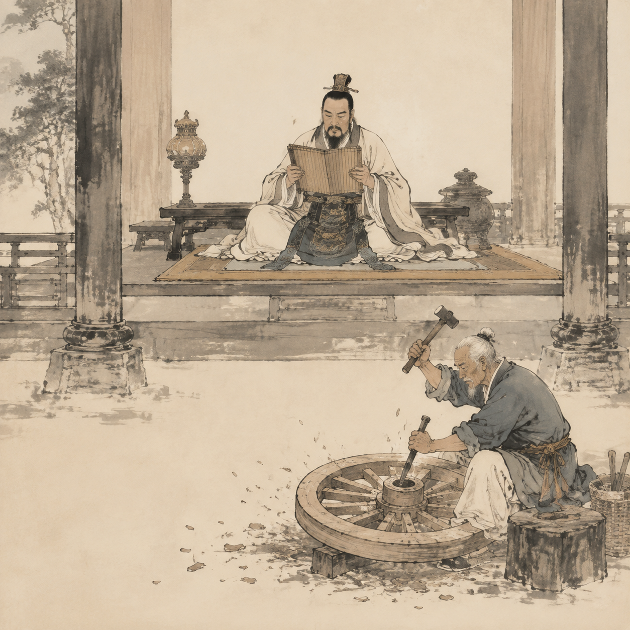 堂上读书，堂下斫轮